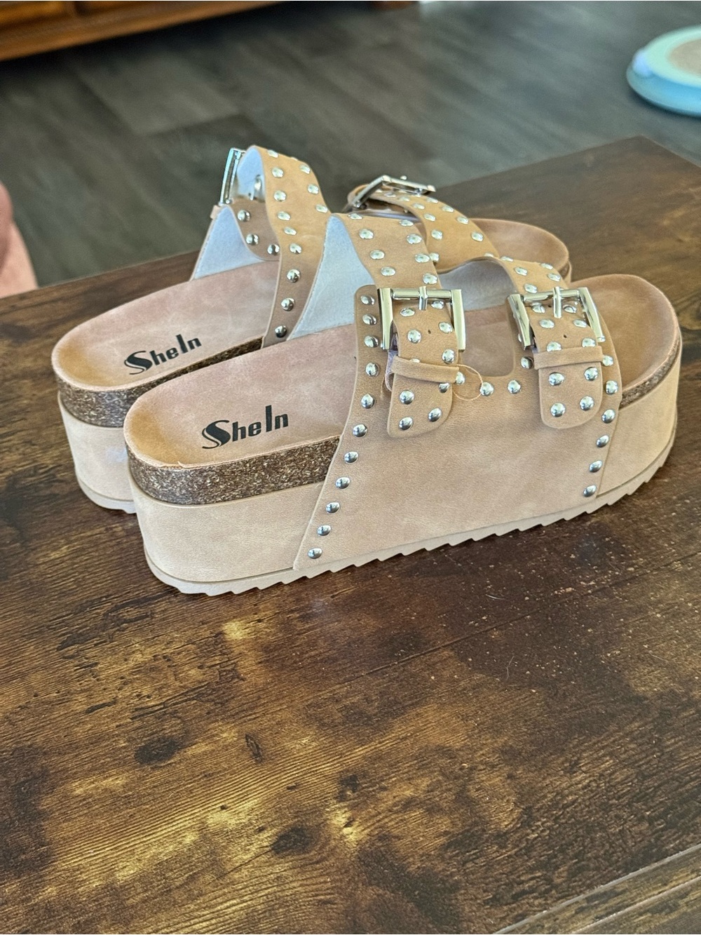 SHEIN Tan Studded Double-Buckle Platform Mules